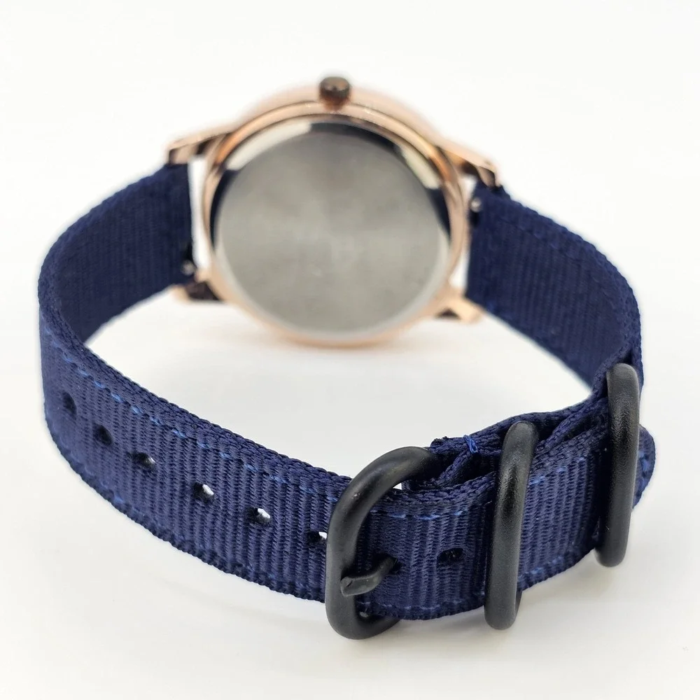 38MM Women's Analog Watch Gold Dial NEW Dark Blue Nylon Canvas Bands NEW Battery